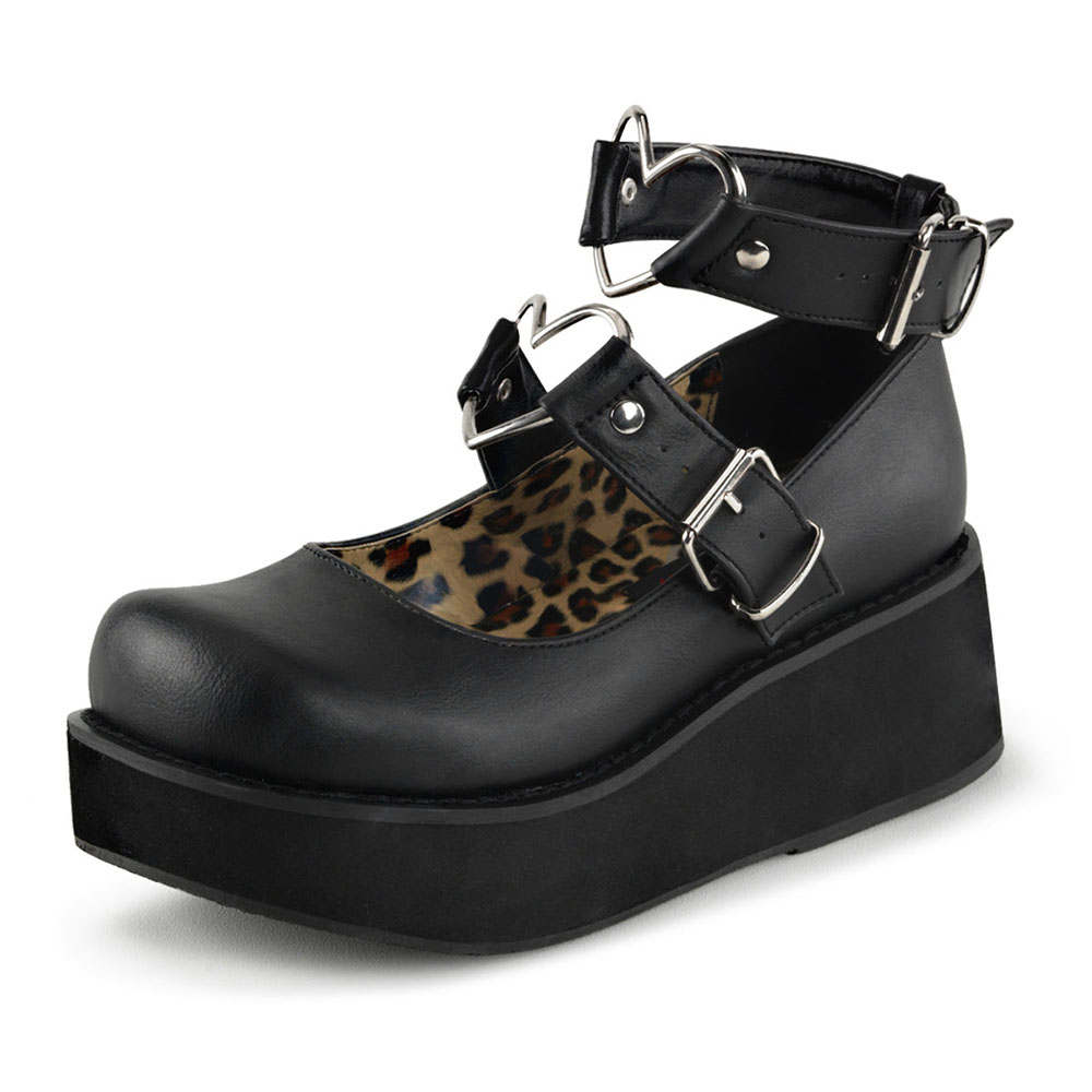 Black Round Toe Wedge Heel Buckle Platform Mary Jane Pumps Nicepairs