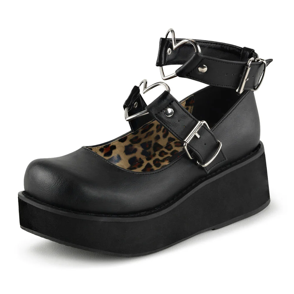 Black Vegan Leather Heart Buckle Strappy Platform Heeled Mary Jane Shoes Nicepairs
