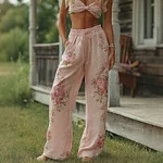 Retro Bohemian Style Pink Rose Casual Cotton And Linen Long Pants - Image 2
