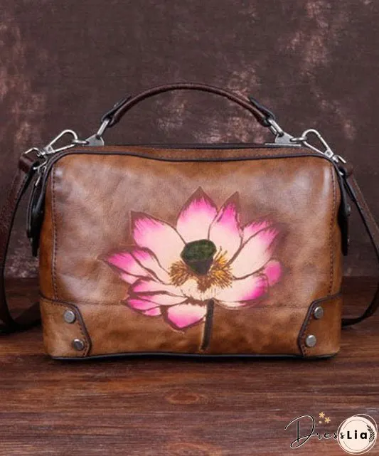 Handmade Coffee Floral Paitings Calf Leather Satchel Handbag