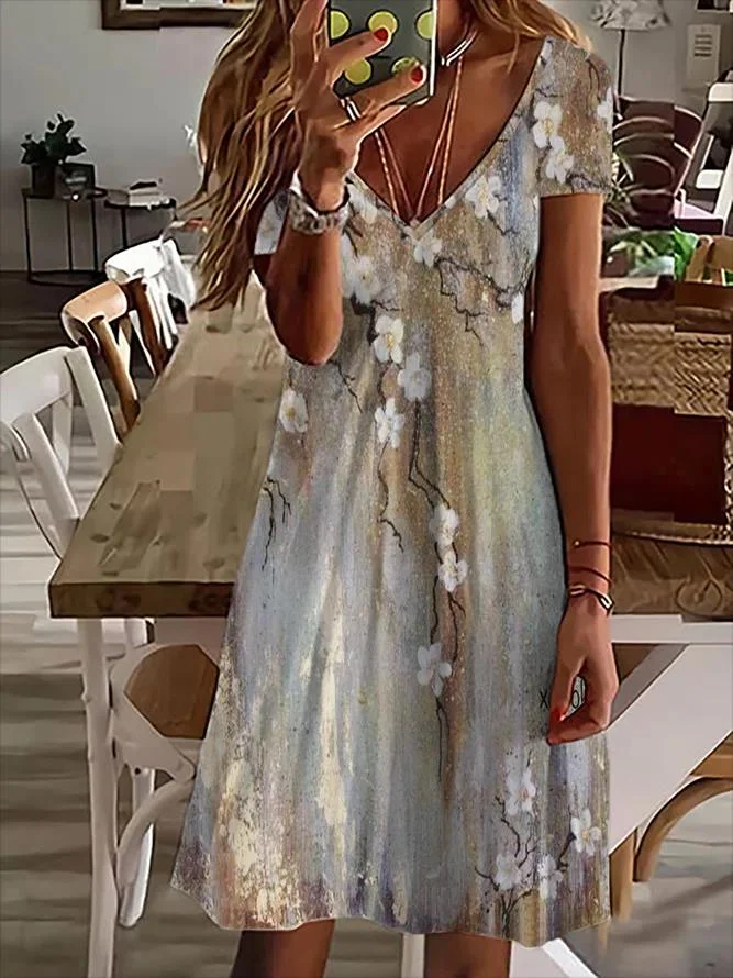 Women's Shift Dress Short Mini Dress Short Sleeve Floral Print Summer Fall V Neck Elegant Casual Vacation dress 2023