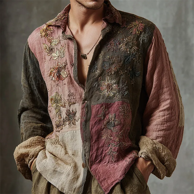 Men's Vintage Boho Floral Embroidered Colorblock Linen Shirt