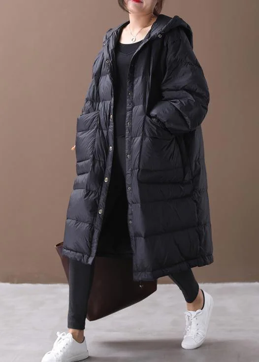 New plus size winter jacket black hooded zippered duck down coat