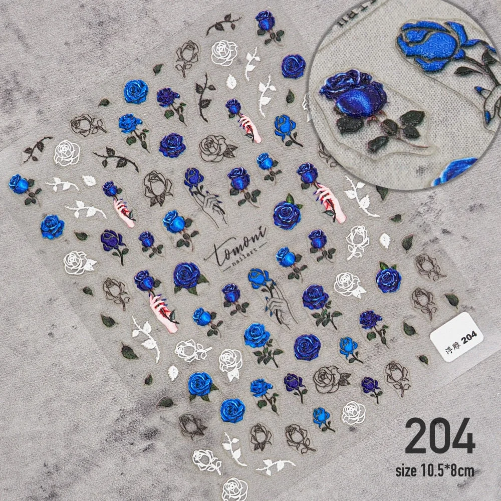 3D Engraved Nail Art Stickers Black and white Leaf Flower high quality Water Decals Embossed Pattern Nail Water Slide Decals