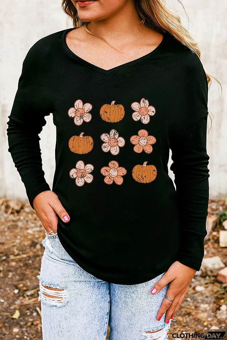 V-Neck Short Sleeve Pumpkin & Flower Graphic T-Shirt