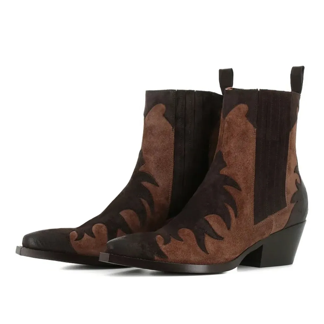 Two-Tone Brown Patchwork Mid Heel Snip Toe Cowboy Boots for Women