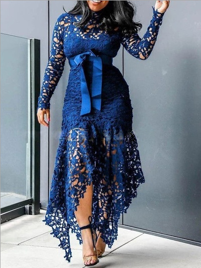 Women Long Sleeve Bow Belted Irregular Hem Hollow Lace Sexy Bodycon Long Dress