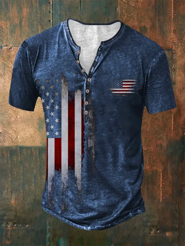 Men's Casual Vintage Flag Button Neck Print Short Sleeve T-Shirt