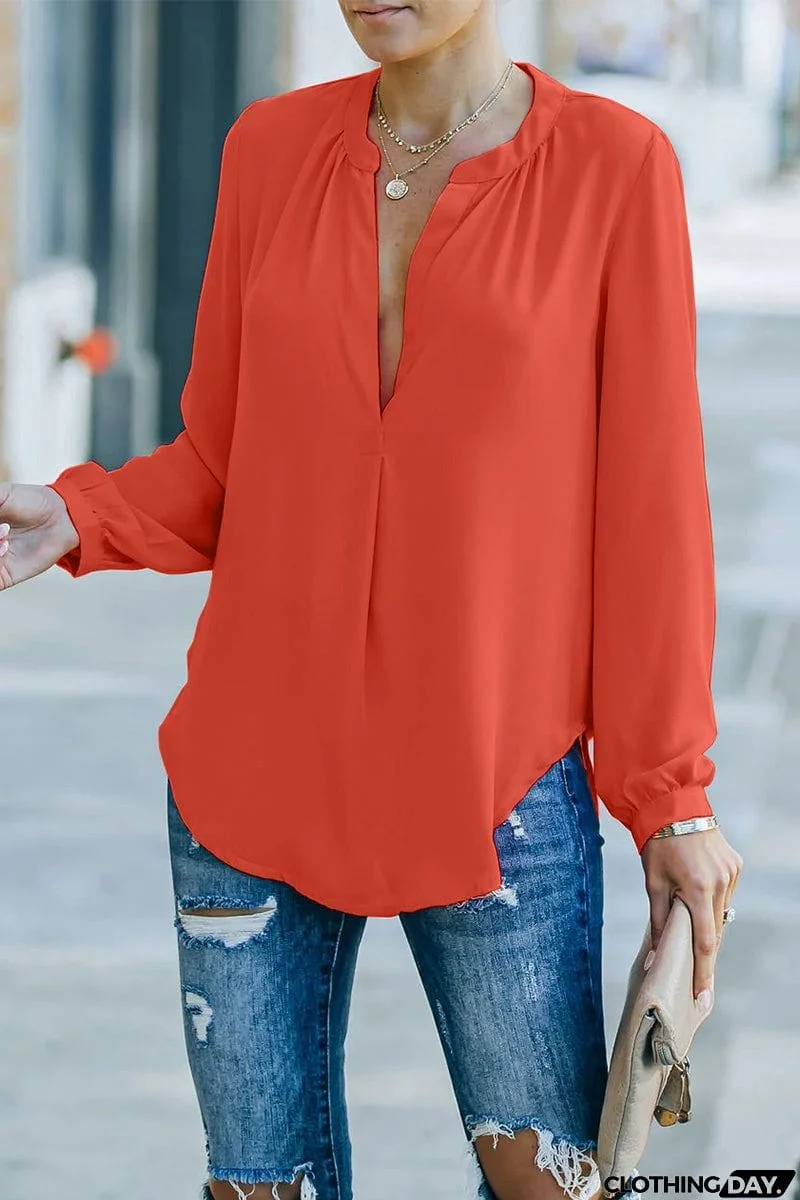 Casual Solid Fold V Neck Tops(6 Colors)