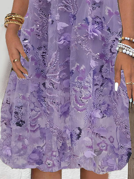 Women's Short Sleeve V-neck Floral Printed Lace Stitching Midi Dress