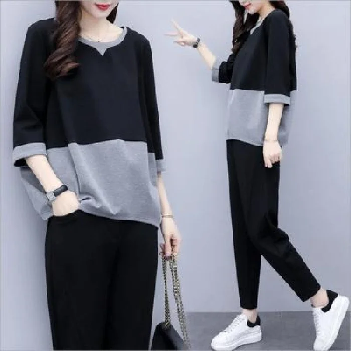 Uveng Uveng Spring And Summer New Korean Version Of Fashion Loose Large Size Two-Piece Set Of Casual Small Foot Pants Temperament Show Thin Suit Female