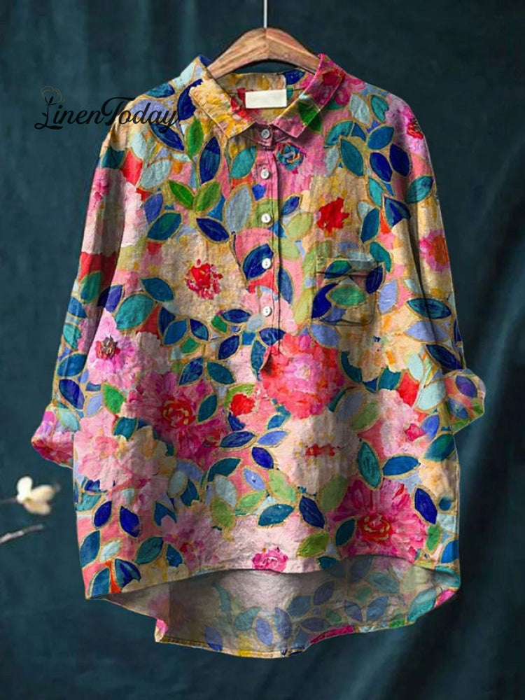 Women’s Flower Print Casual Cotton And Linen Shirt Multicolor / S