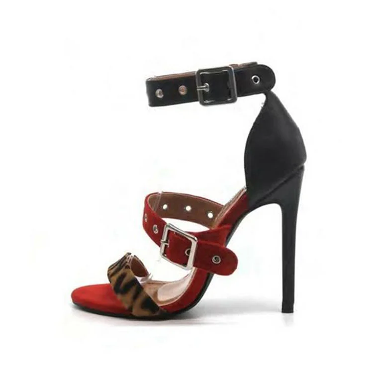 Black & Red Velvet Buckle Stiletto Heels Sandals Vdcoo