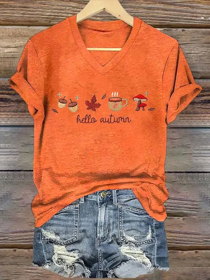 Women's Hello Autumn  Print V-Neck T-Shirt 