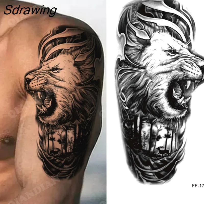 Sdrawing New Waterproof Temporary Tattoo Sticker Lion King Tiger Wolf Forest Mechanical Wild Boat Men Body Art Arm Fake Tatoo Women 328-0