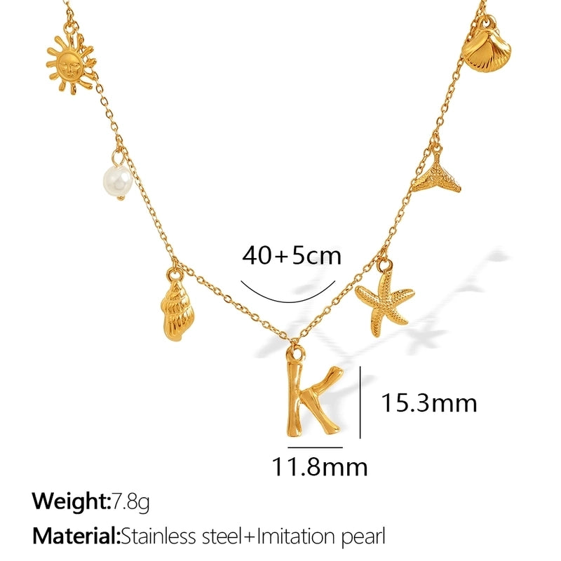 Beach Starfish 304 Stainless Steel Artificial Pearls 18K Gold Plated Polishing Inlay Pendant Necklace