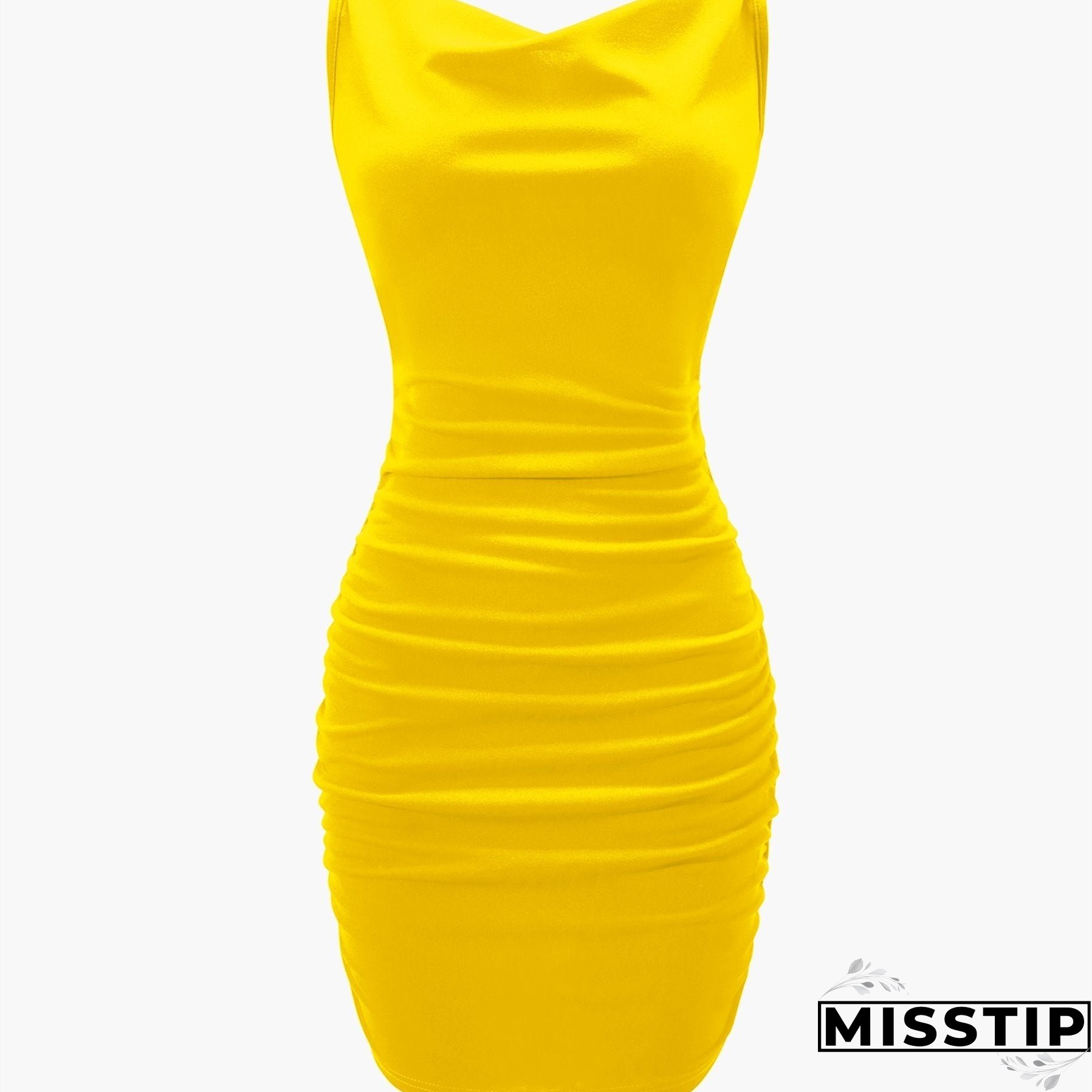 Solid Cowl Neck Mini Dress, Ruched Side Body Con Cami Dress , Women's Clothings