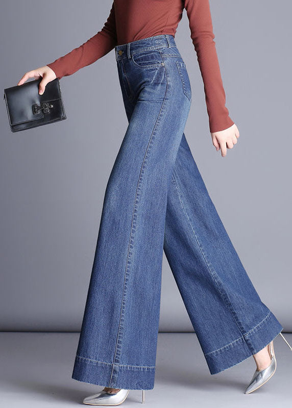 VCSHOES Denim Blue High Waist Pockets Patchwork Cotton Wide Leg Pants Fall