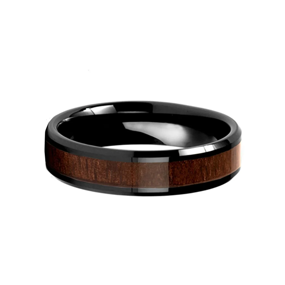 Black Plated Tungsten Carbide Rings Wood Inlay Bevel Edge 6MM Men Wedding Band