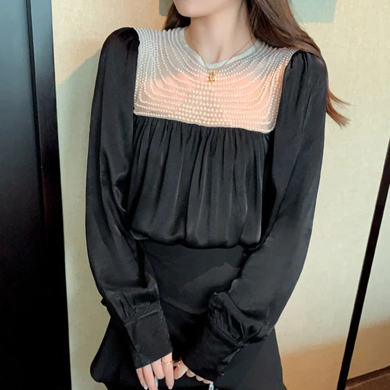 Elegant Beading Hollow Blouse Long Sleeve Vintage Shirts Women Tops Autumn Mesh Splice Satin Blouses Pleated O-neck Blouse 17049