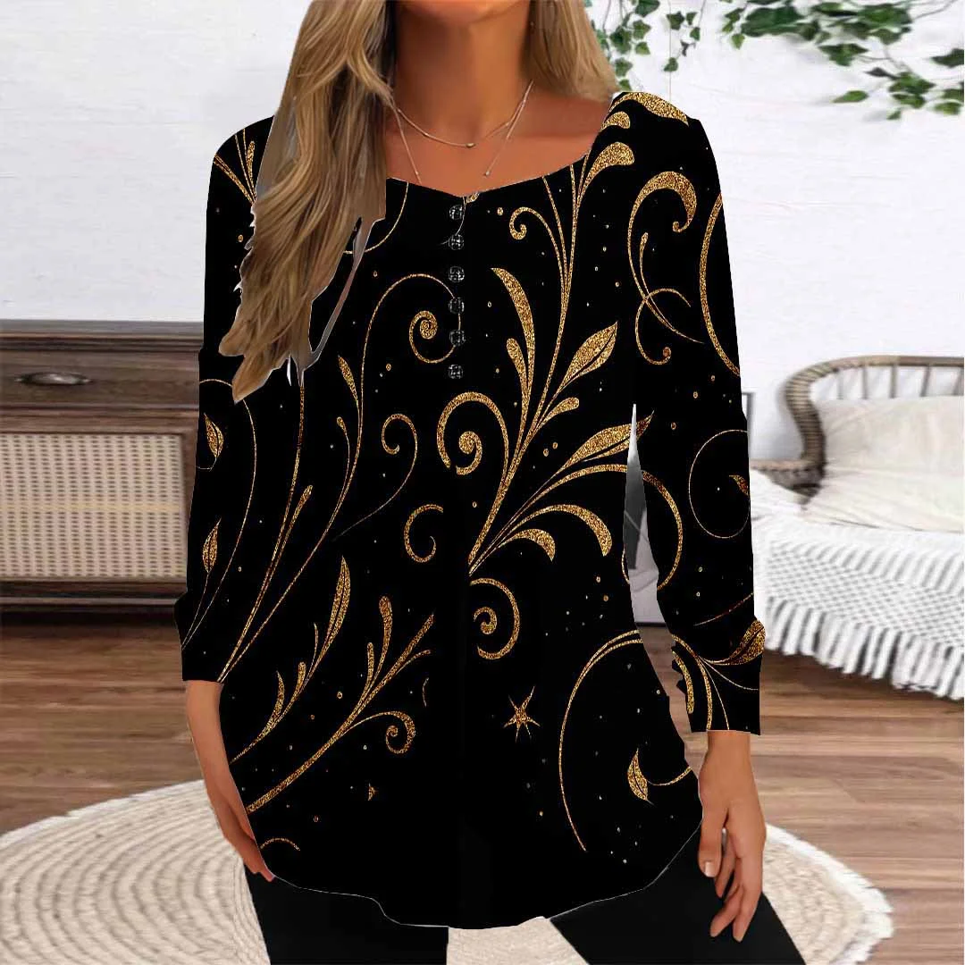 Women Graphic,Black DZGG8339 Long Sleeve Scoop Neck Printed Graphic Button Fake 2in1 Tops
