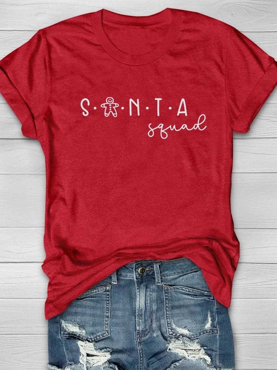 Eagerlys Gingerbread Man Santa Squad Christmas Party Print Short Sleeve T-shirt Eagerlys