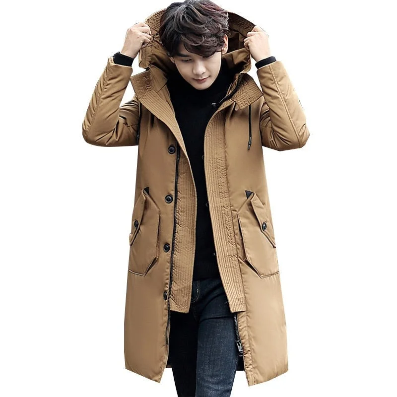 New Men's Thick Long Parkas Down Jackets Coat Male Solid Color Overcoat Outerwear Men Winter Warm Hooded Coat M-3XL