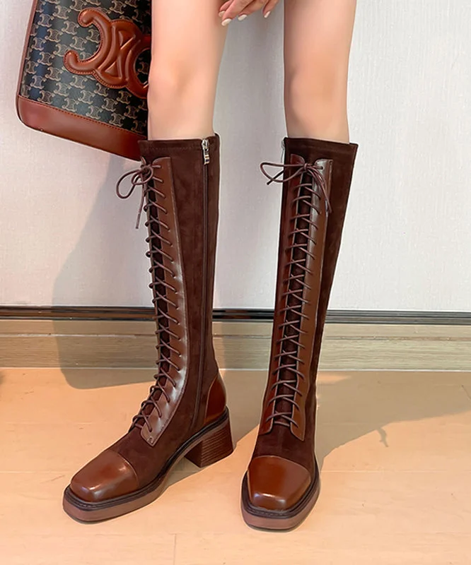Fashion Comfortable Chunky Boots Brown Suede Cross Strap
