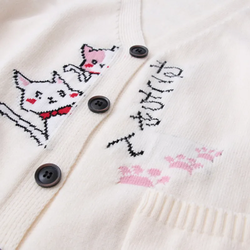 Cartoon Cat Print Cardigan Sweater Shirt Denim Pants Set