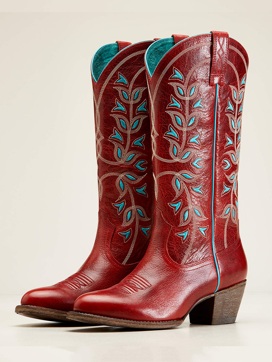 Maroon Almond Toe Blue Floral Embroidered Mid-Calf Cowgirl Boots