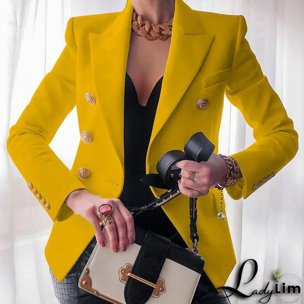Yellow Casual Solid Patchwork Buttons Turn-back Collar Outerwear