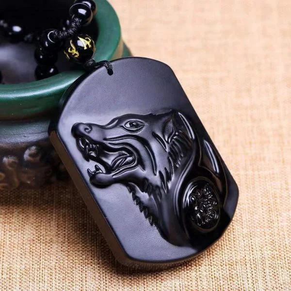 Sterling Silver Obsidian Wolf Head Totem Pendant Necklace