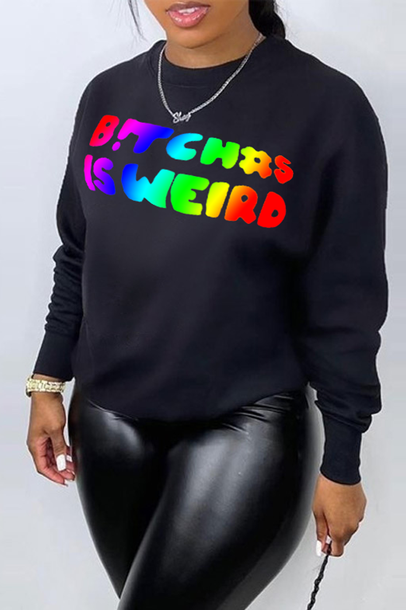 Black Street Vintage Print Patchwork Letter O Neck Tops