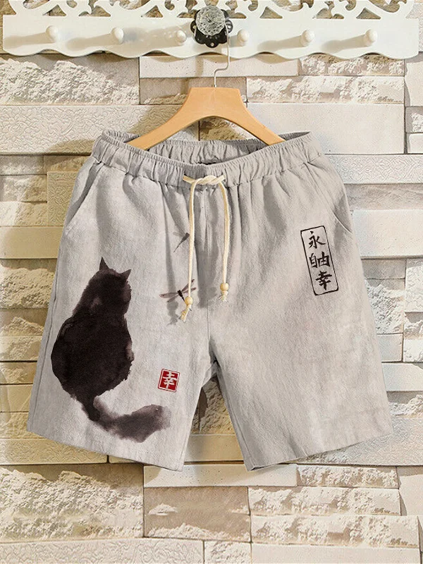 Men's Elegant Black Cat Ink Art Print Casual Shorts
