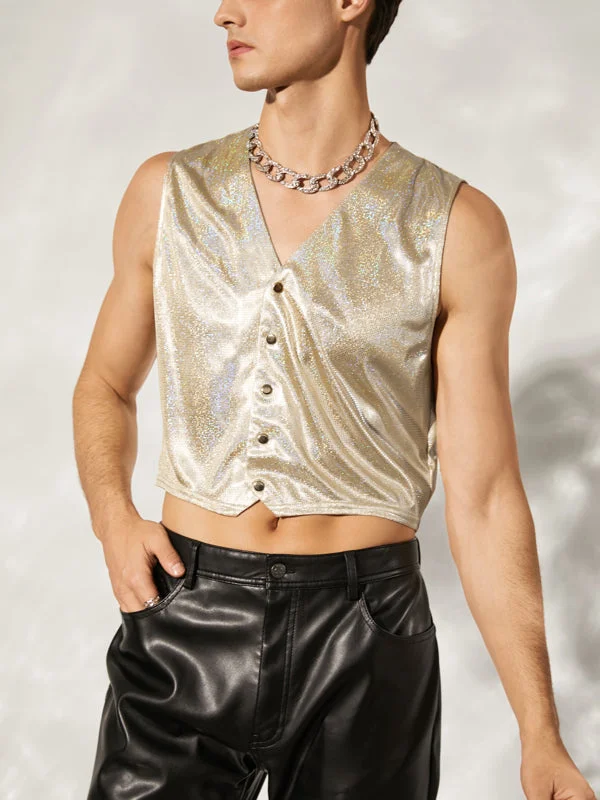 Aonga - Mens Glitter Shiny Back Fringe Crop Waistcoat J