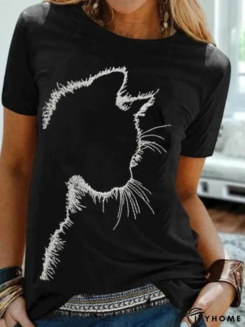 Cat Short Sleeve Round Neck Printed Top T-shirt | IFYHOME