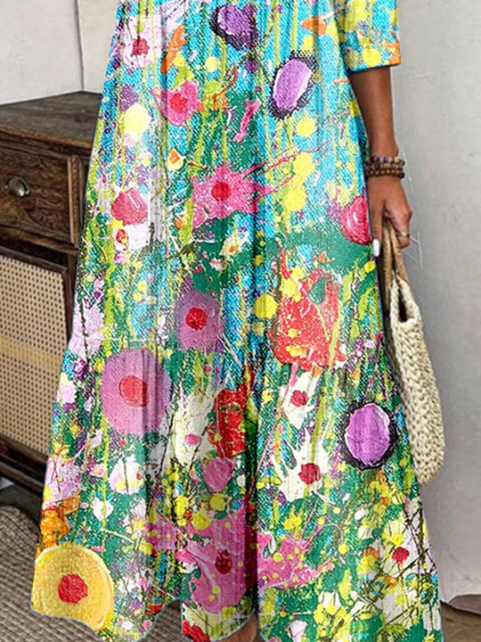 Women Half Sleeve Shirt Collar Floral Printed Graphic Button Maxi Dress