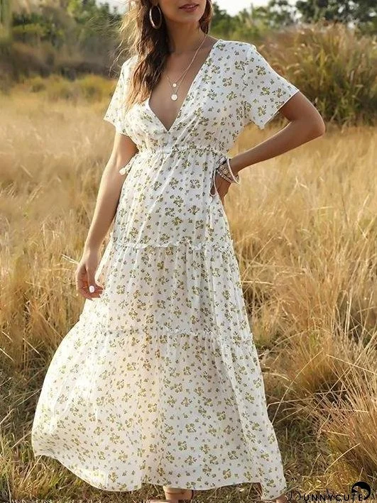 Bohemian Ruffled Floral V Neck Layer Maxi Dress for Women