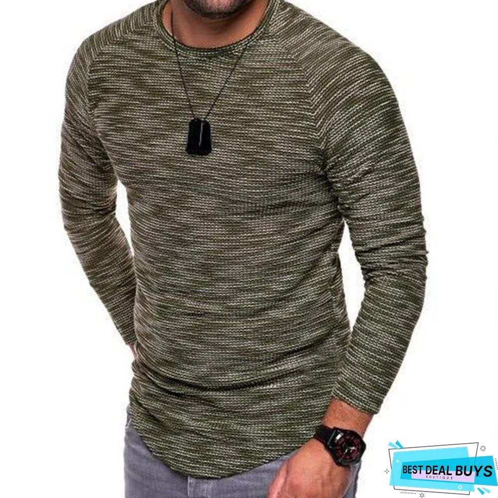 Fashion Slim Casual Long Sleeve T-Shirt Mens Autumn Fit Elastic Striped O-Neck Pullover Sexy T-Shirt