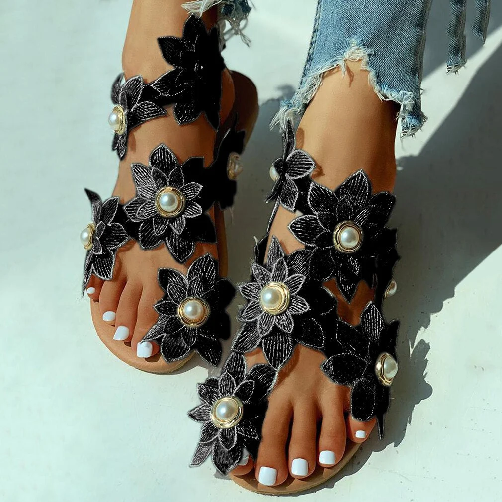 Women Leisure Sandals Bohemia Style Summer Shoes Beach Vacation Comfortable Flat Sandals Fashion Open Toe Pearl Flower Sandals