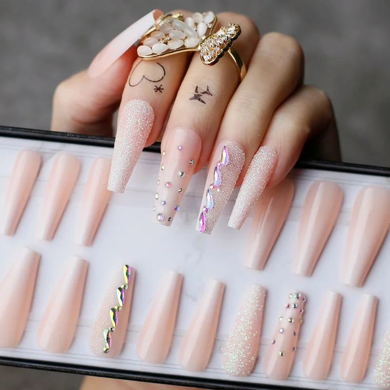 Beaeutiful Baby Boomer Ombre Long Coffin false nails Gift Luxury Crystal Galore Fake nails Box Press on nails Ballet