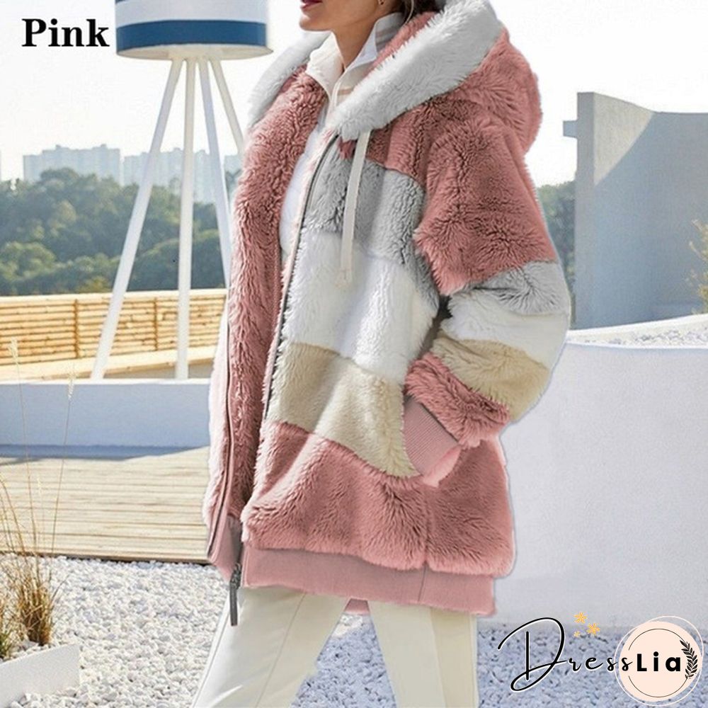 New Winter Womens Jacket Hooded Warm Plush Loose for Women Patchwork Outerwear Faux Fur