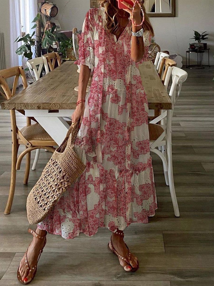 Fashion Cotton Print V-Neck Maxi Dress