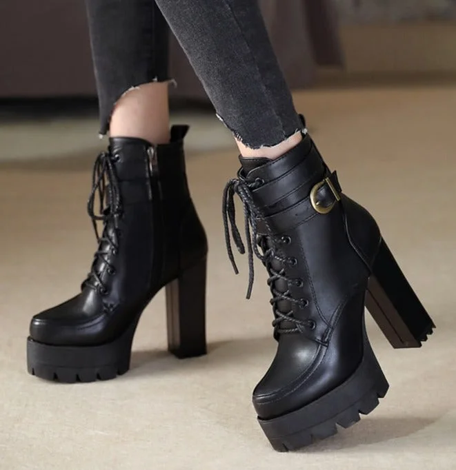 Vstacam Back to School 2022 Russian Hot Sales Women Shoes Thick Platform High Heel Female Ankle Boots Round Toe Lace Up Zipper Motorcycle Boots