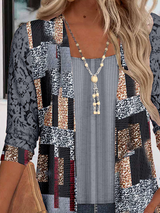 Women Long Sleeve Scoop Neck Plaid Printed Graphic Pockets Lace Two-Pieced Tops