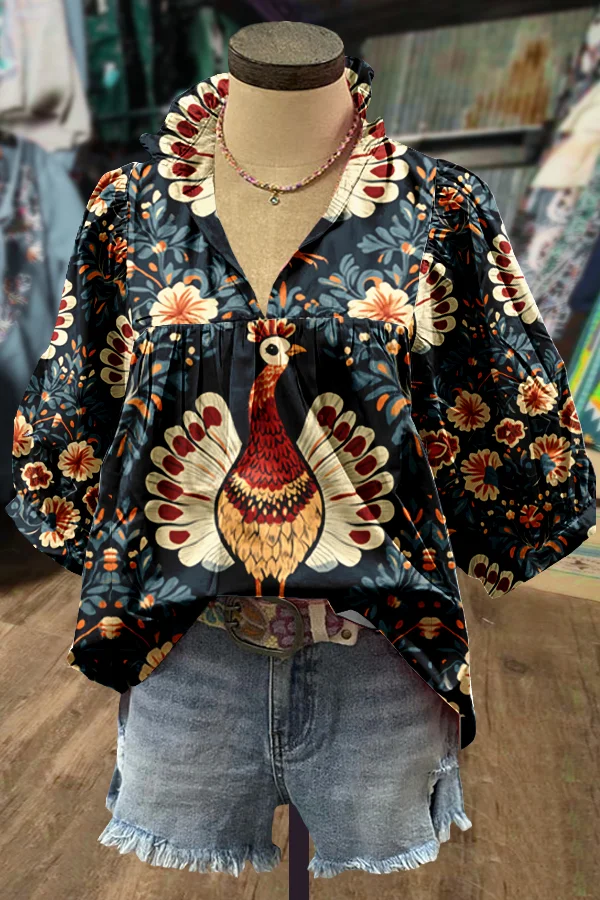 Chic Floral Turkey Print Puff Sleeve Top