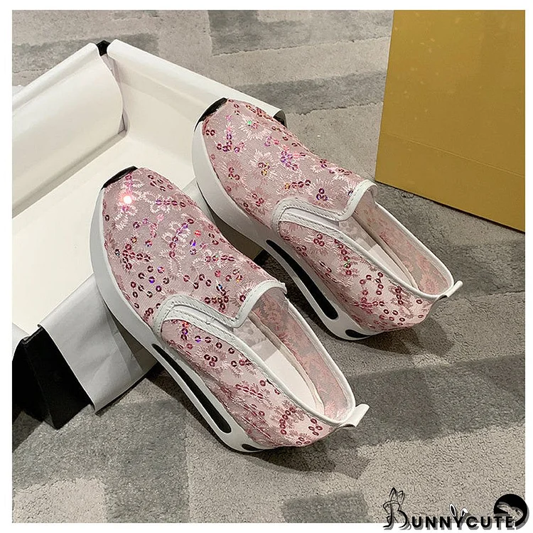 Women Breathable Floral Embroidery Slip-on Muffin Sneakers Shoes