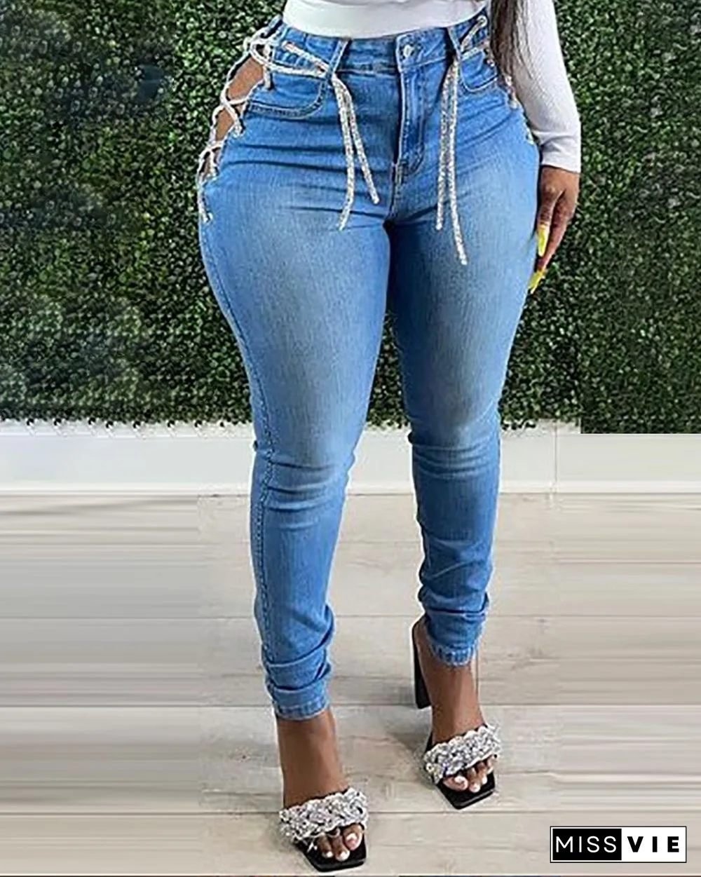 Eyelet Lace-up Cutout High Waist Jeans
