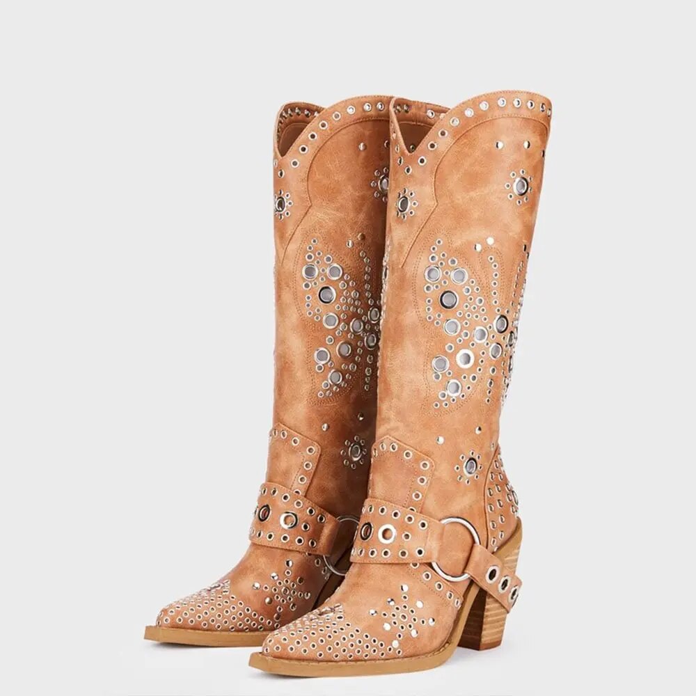 TAAFO Light Brown Cutout Ring-strap Chunky Heel Mid-calf Cowgirl Boots 