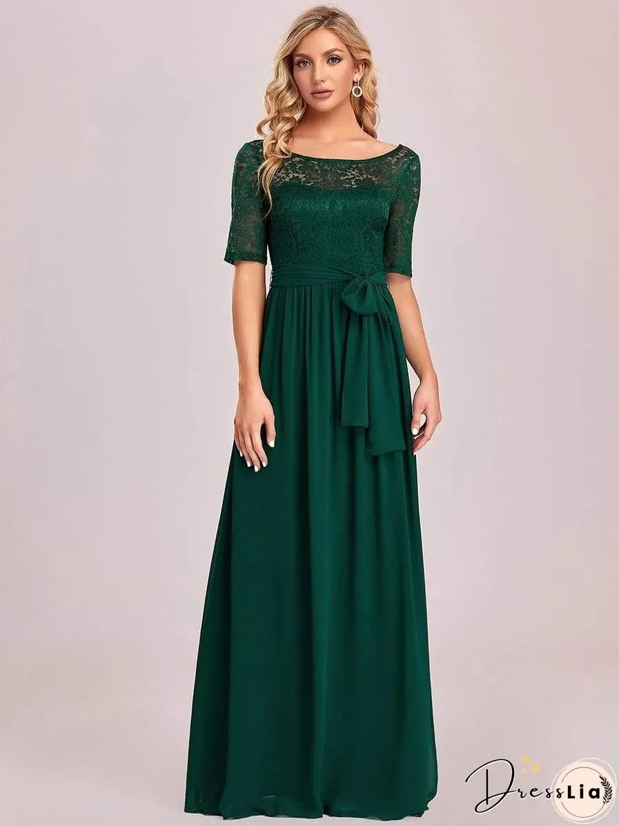 Sophisticated Lace Bodice Chiffon Maxi Evening Gown with Belt for Elegant Occasions